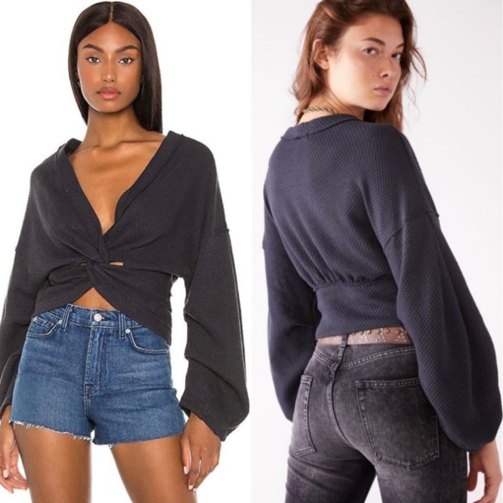 Free People Charcoal Fall For You V-Neck Long Sleeve Twist Front Cropped Tee M - Picture 13 of 15